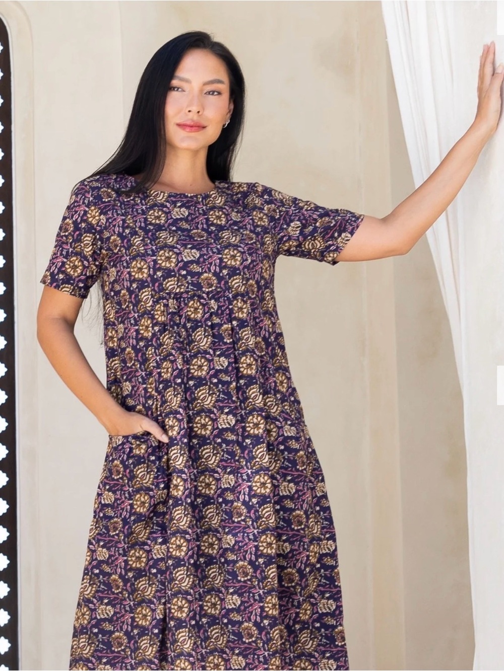 Purple Floral Maxi Dress with Short Sleeves
